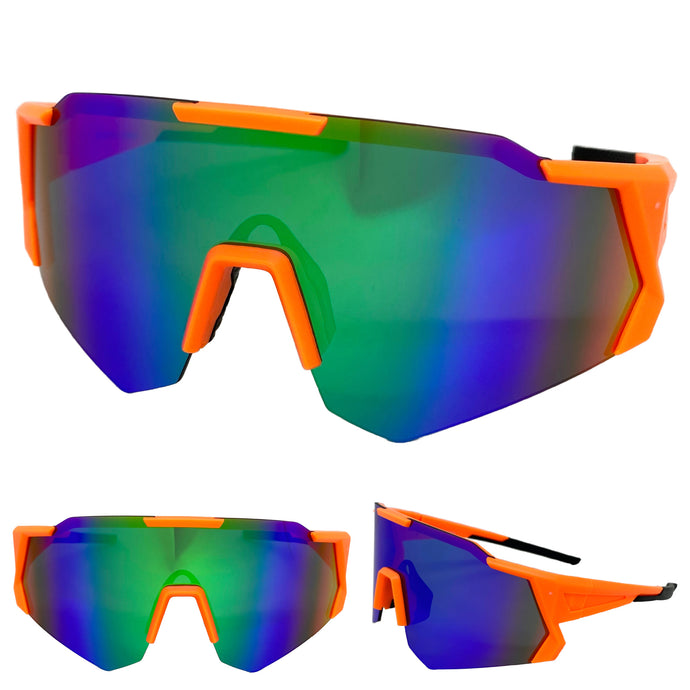Oversized Retro Sporty Wrap Around Style SUNGLASSES Large Neon Orange Frame 5330