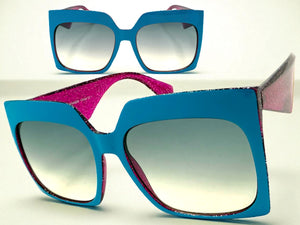 Oversized Exaggerated Vintage Retro Style SUNGLASSES X-Large Square Blue Frame 49308