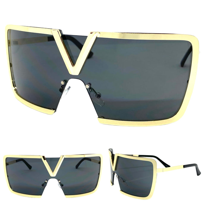 Classy Elegant Luxury Contemorary Modern Shield Wrap Style SUNGLASSES Gold Frame 5255