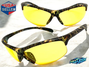 Classic Sporty Wrap Around HD Yellow Lens SUNGLASSES Green Camouflage Frame 2250