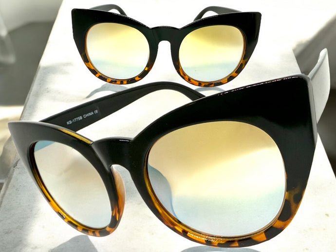 Oversized Vintage Retro Cat Eye Style SUNGLASSES Large Black & Tortoise Frame 1775