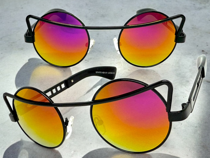 Classic Vintage Retro Steampunk Style SUNGLASSES Round Black Frame - Purple Gold Lens A137