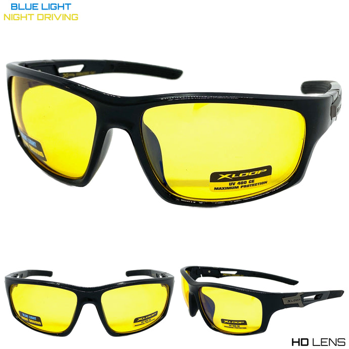 Sporty Wrap Around Blue Light Night Driving HD Lens SUNGLASSES Black Frame 3503