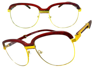 Classic Retro Luxury Designer Hip Hop Style Clear Lens EYEGLASSES Square Gold & Faux Wooden Frame E0425