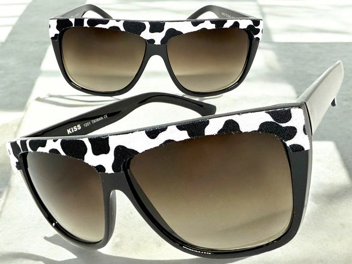 Oversized Classic Vintage Retro Style SUNGLASSES Large Black Frame Cow Pattern 1201