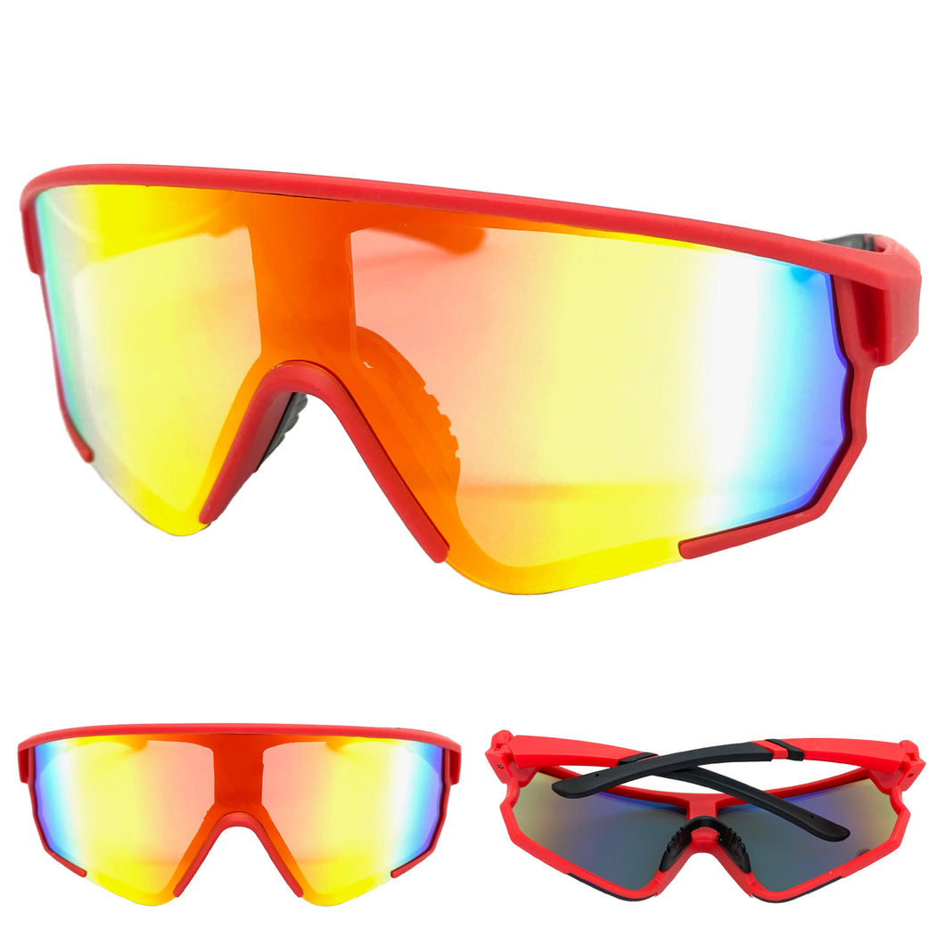 Oversized Retro Sporty Wrap Around Style SUNGLASSES Large Red Frame 9046