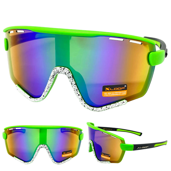 Oversized Retro Sporty Wrap Around Style SUNGLASSES Large Green & White Frame 3694