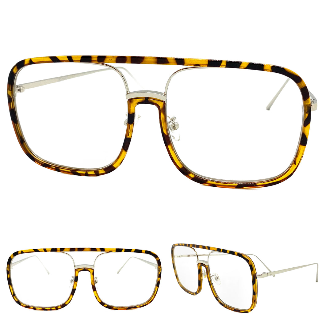 Oversized Vintage Retro Style Clear Lens EYEGLASSES Large Tortoise & Silver Frame 53102