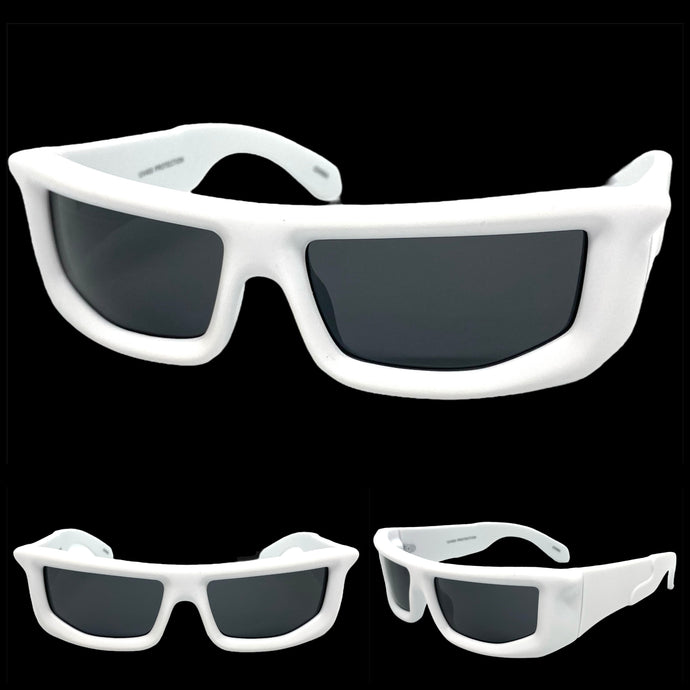 Sleek Modern Futuristic Biker Sporty Wrap SUNGLASSES Thick White Frame 80622