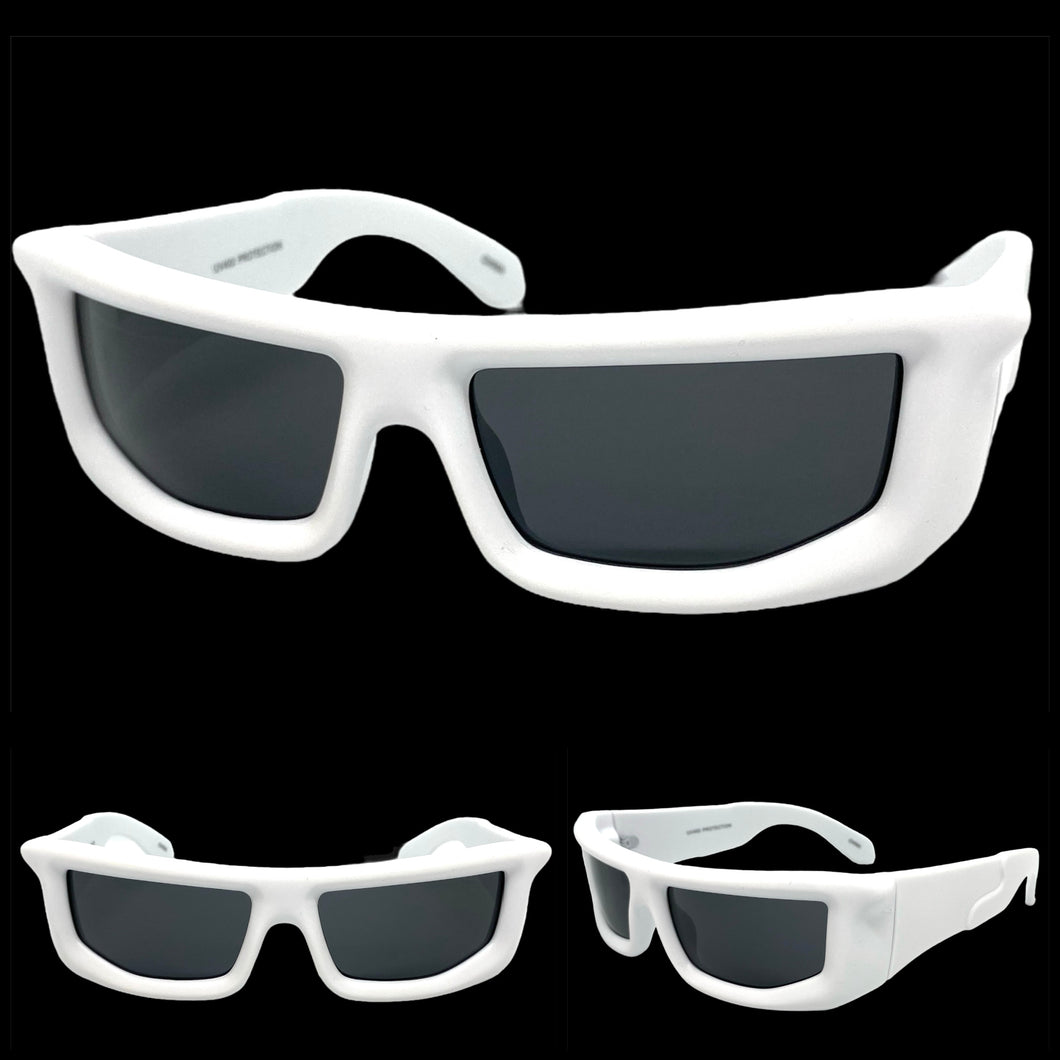 Sleek Modern Futuristic Biker Sporty Wrap SUNGLASSES Thick White Frame 80622