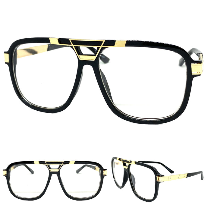 Classic Vintage Retro Hip Hop Rapper Style Clear Lens EYEGLASSES Black & Gold Frame 8529