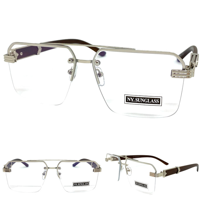 Men's Classy Elegant Luxury Designer Hip Hop Style Clear Lens EYEGLASSES Silver & Wooden Frame WD769CL