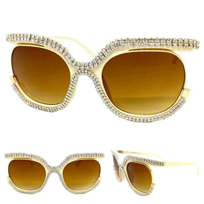 Oversized Classic Vintage Retro Style SUNGLASSES Square Bling Cream Frame 49095