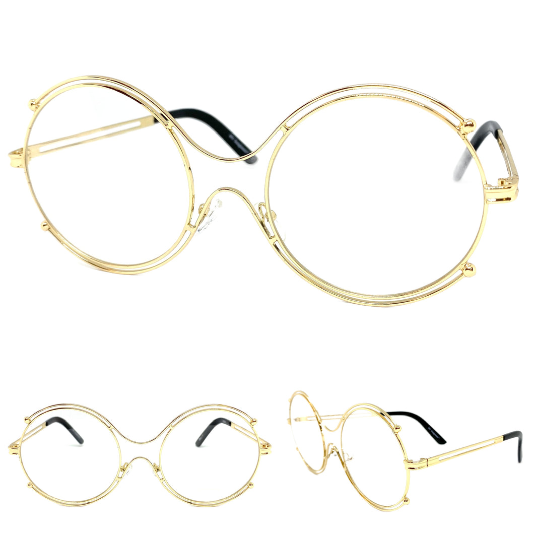 Oversized Exaggerated Retro Style Clear Lens EYEGLASSES Large Round Gold Frame 6458