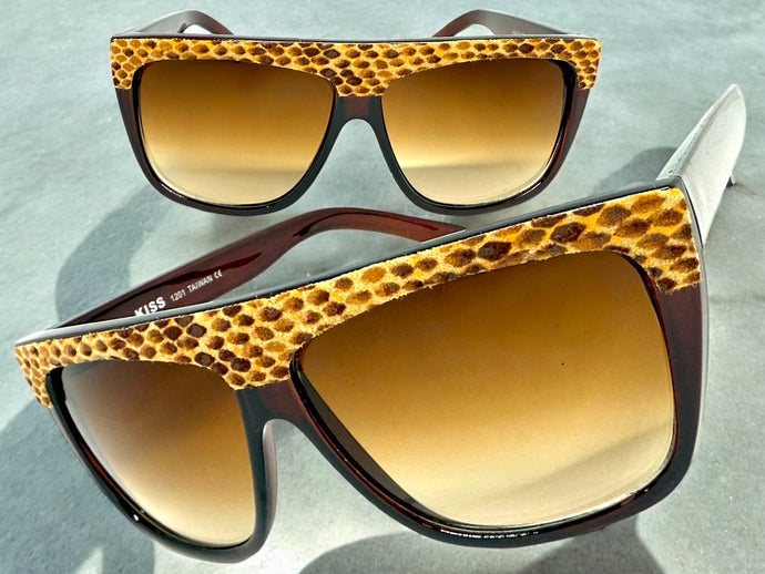 Oversized Classic Vintage Retro Style SUNGLASSES Large Brown Snakeskin Frame 1201