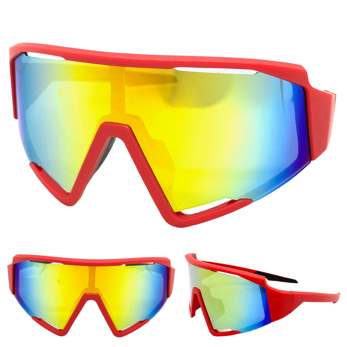 Oversized Retro Sporty Wrap Around Style SUNGLASSES Large Red Frame E1927