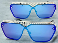 Sleek Modern Retro Shield Style SUNGLASSES Silver Frame Blue Lens 10415