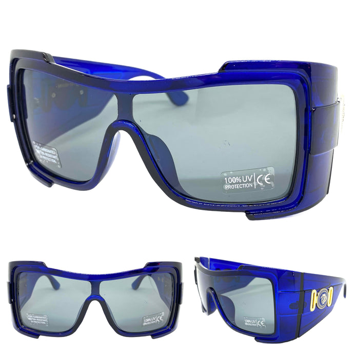 Oversized Modern Retro Wrap Shield Style SUNGLASSES Huge Super Thick Blue Frame 1044