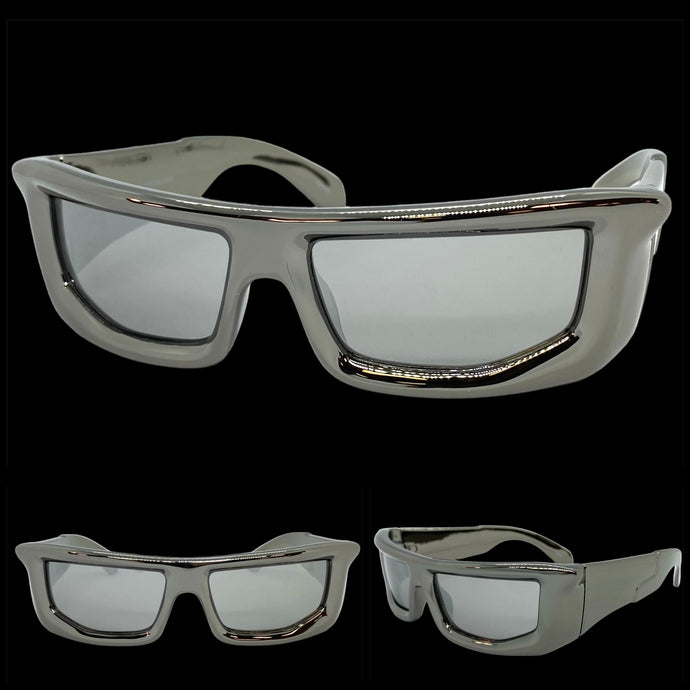 Sleek Modern Futuristic Biker Sporty Wrap SUNGLASSES Thick Gray Chrome Frame 80622