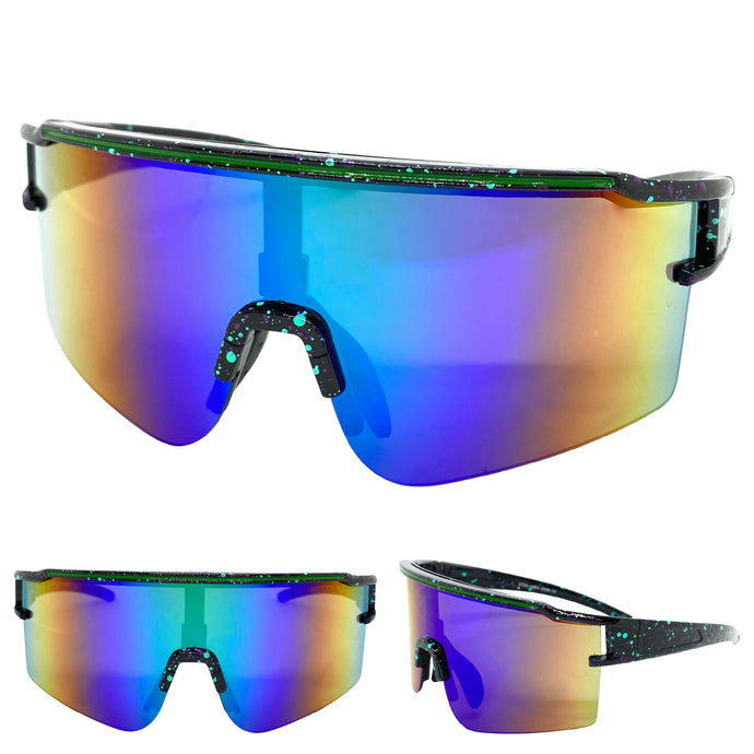 Oversized Retro Sporty Wrap Around Style SUNGLASSES Large Black Frame 59144