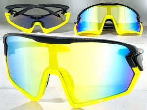 Oversized Retro Sporty Wrap Around Style SUNGLASSES Large Black & Neon Yellow Frame B0276