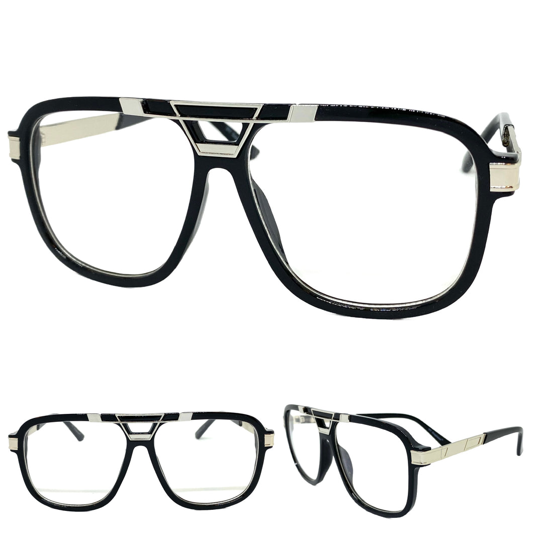 Classic Vintage Retro Hip Hop Rapper Style Clear Lens EYEGLASSES Black & Silver Frame 8529