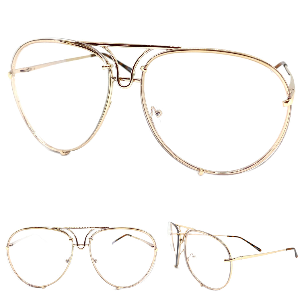 Oversized Vintage Retro Aviator Style Clear Lens EYEGLASSES Large Gold Frame 4355