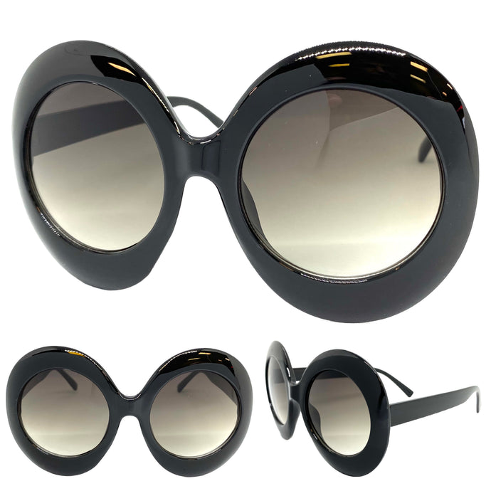 Oversized Exaggerated Vintage Retro Style SUNGLASSES Round Black Frame 1296