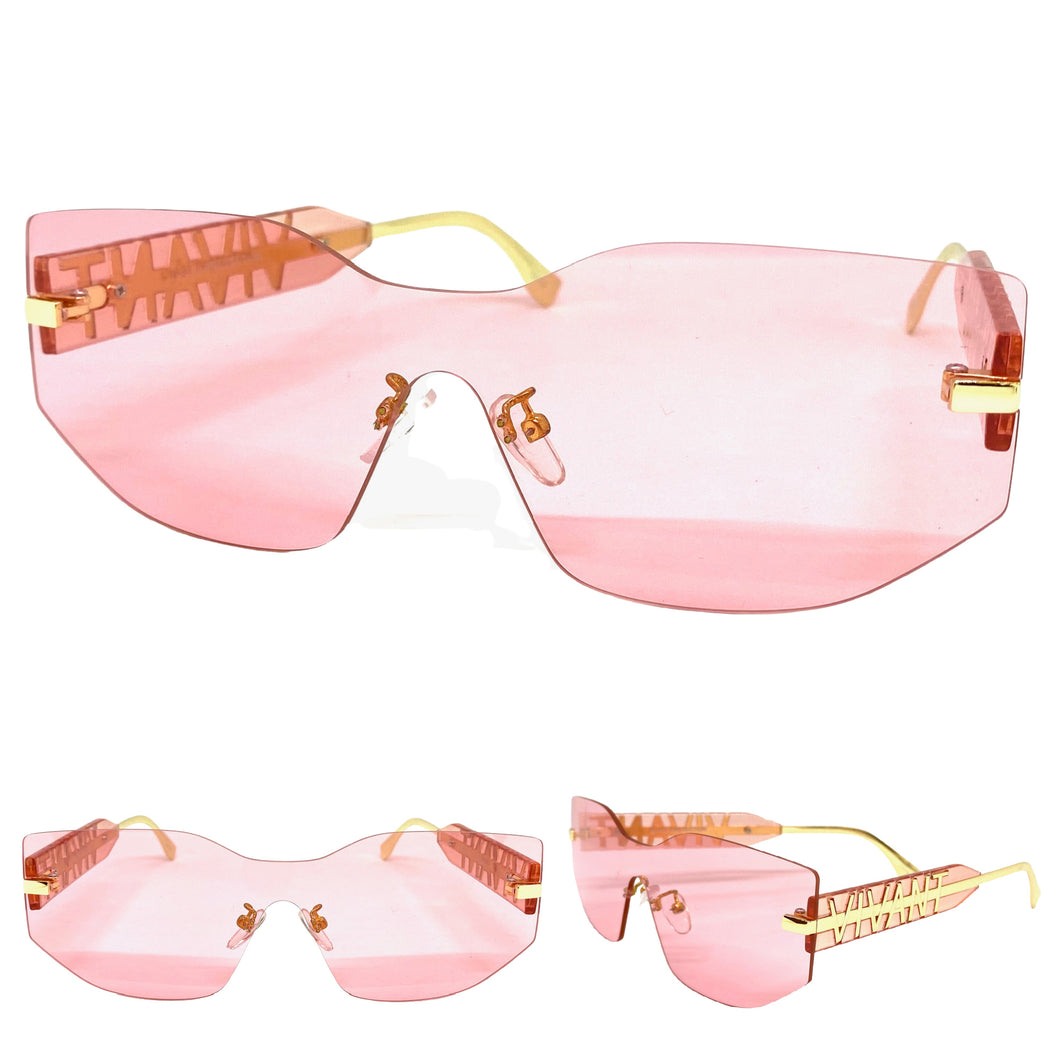 Contemporary Modern Shield Style SUNGLASSES Rimless Pink Frame 5232