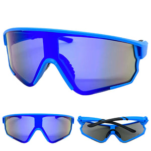 Oversized Retro Sporty Wrap Around Style SUNGLASSES Large Blue Frame 9046