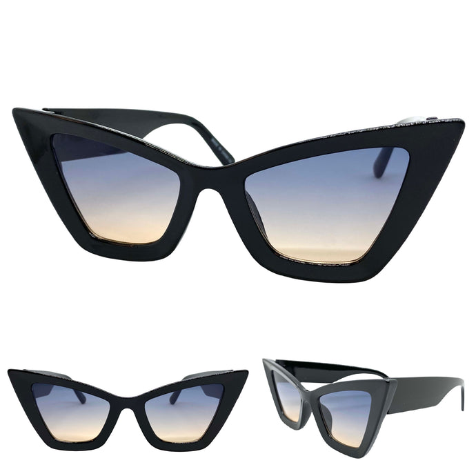Oversized Vintage Retro Cat Eye Style SUNGLASSES Large Thick Black Frame E1790