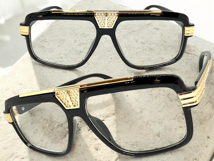 Classic Vintage Retro Hip Hop Rapper Style Clear Lens EYEGLASSES Large Black & Gold Frame 27002
