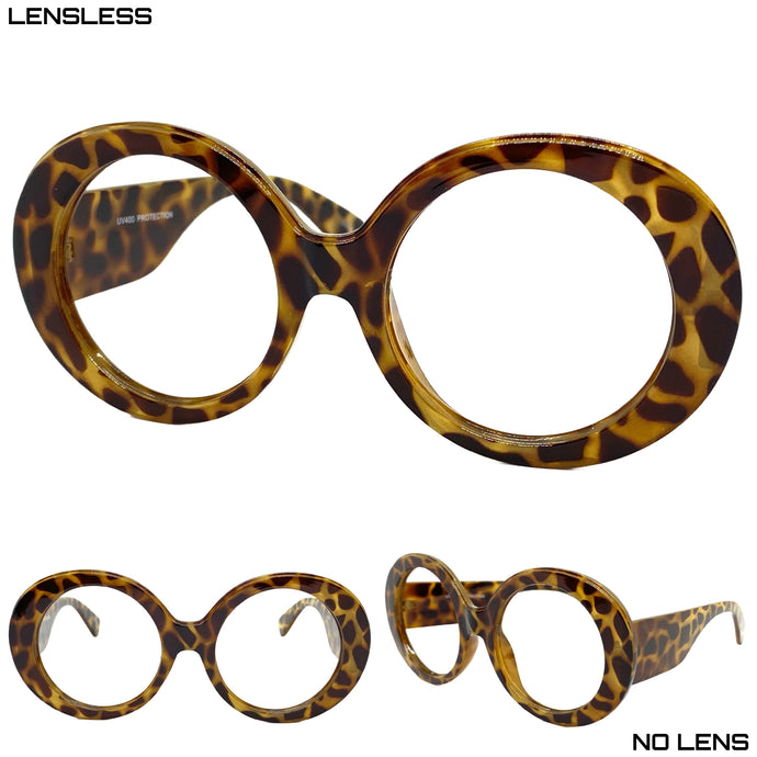 Oversized Classic Vintage Retro Style Large Round Leopard Lensless Eye Glasses- Frame Only NO Lens 6753