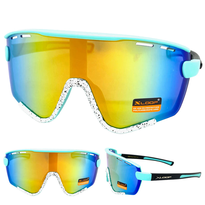 Oversized Retro Sporty Wrap Around Style SUNGLASSES Large Aqua & White Frame 3694