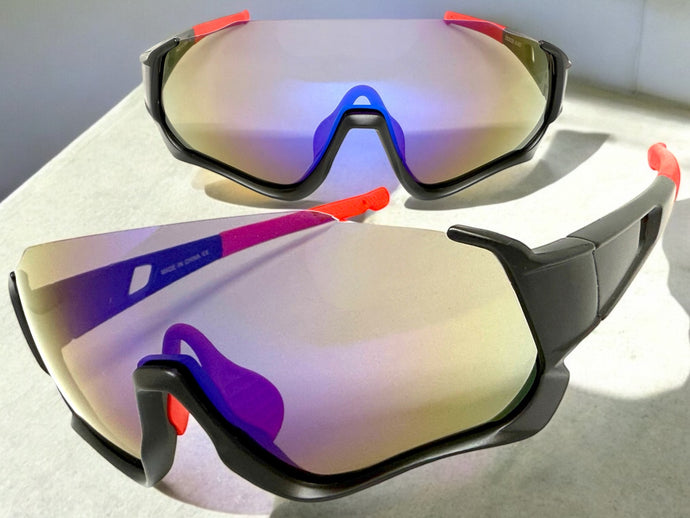 Sporty Retro Wrap Around Shield Style SUNGLASSES Black Frame Blue Lens E2028
