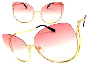 Oversized Exaggerated Classic Vintage Retro Style SUNGLASSES Large Gold Frame - Pink Lens A315