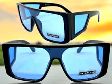Oversized Modern Retro Shield Style SUNGLASSES Black Frame Blue Lens 9227