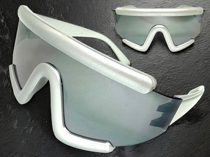 Oversized Exaggerated Modern Rerto Shield Style SUNGLASSES Large Silver Frame 63290