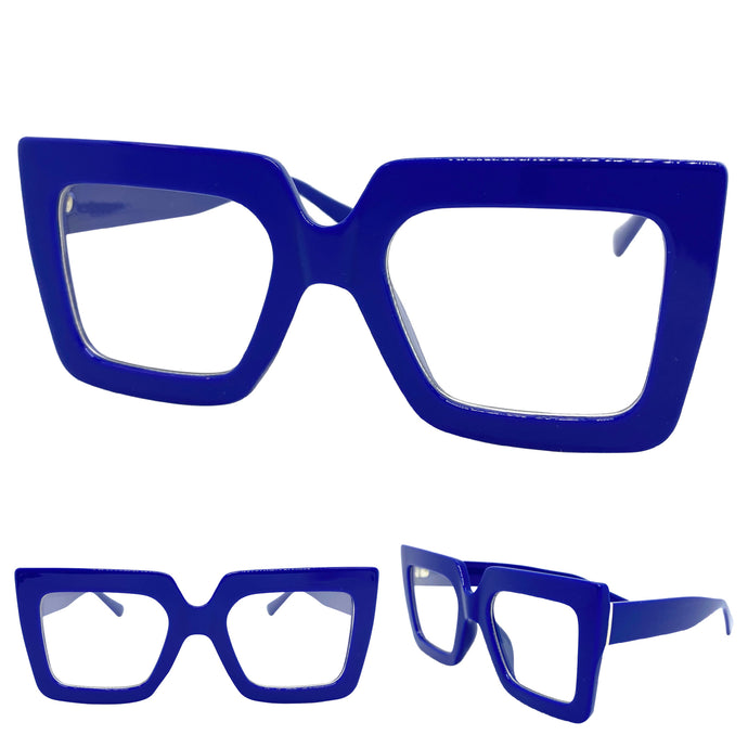 Oversized Vintage Retro Style Clear Lens EYEGLASSES Large Blue Optical Frame - RX Capable 1256