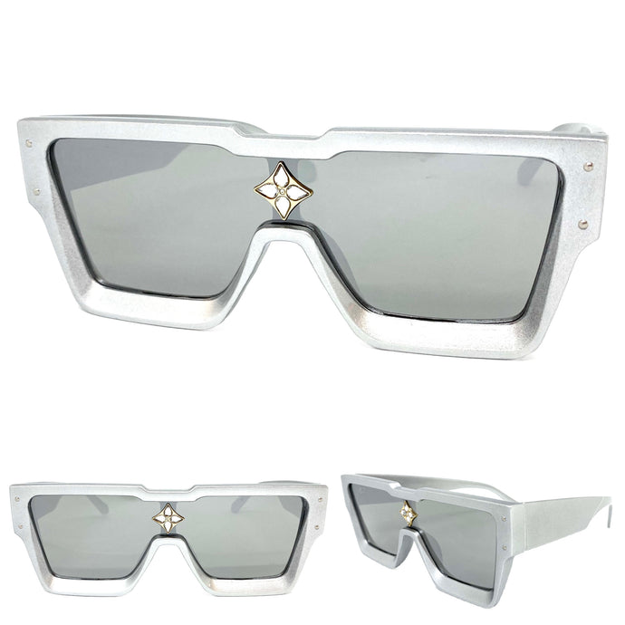 Oversized Modern Luxury Hip Hop Shield Style SUNGLASSES Large Silver Frame E1776