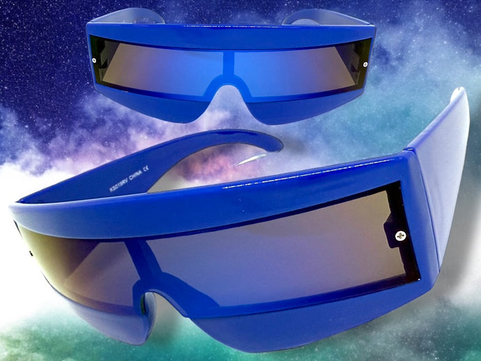 Space Futuristic Robotic Cyclops Shield Costume Party SUNGLASSES Blue Frame - Blue Lens K019