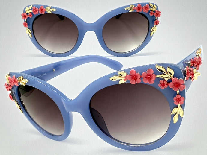 Oversized Vintage Retro Cat Eye Style SUNGLASSES Large Purple Floral Frame 96596