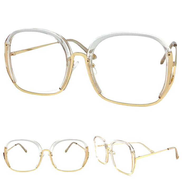 Oversized Vintage Retro Style Clear Lens EYEGLASSES Large Transparent & Gold Optical Frame - RX Capable 68040