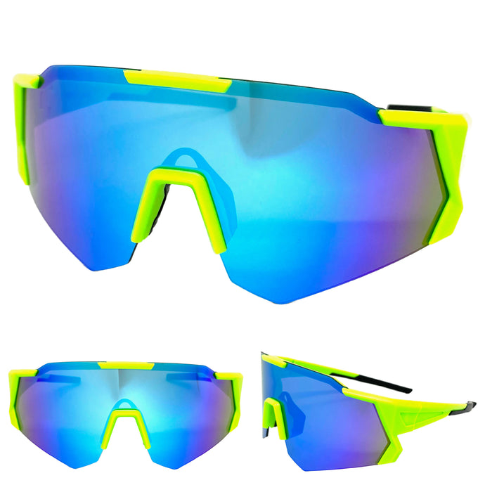 Oversized Retro Sporty Wrap Around Style SUNGLASSES Large Neon Green Frame 5330