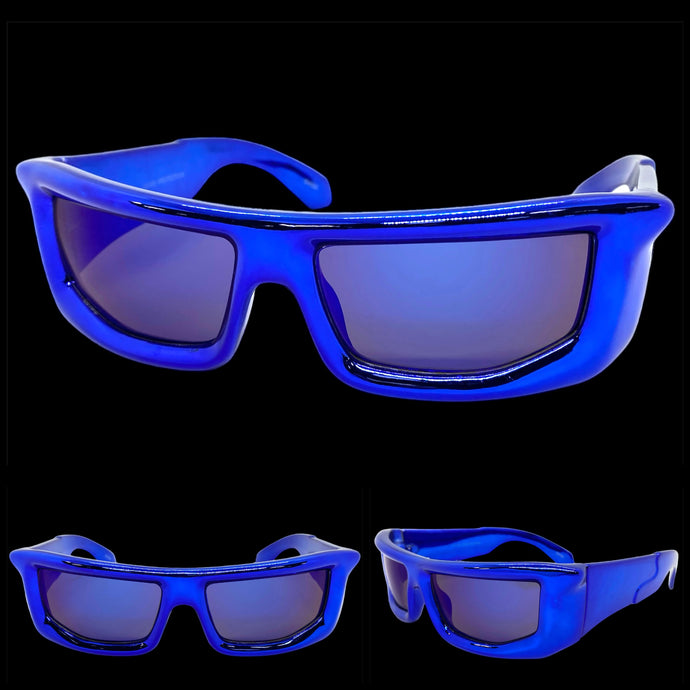 Sleek Modern Futuristic Biker Sporty Wrap SUNGLASSES Thick Blue Chrome Frame 80622