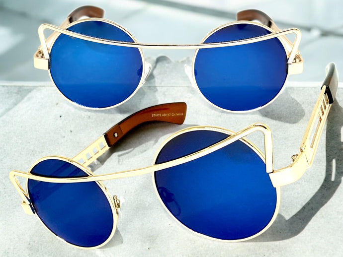 Classic Vintage Retro Steampunk Style SUNGLASSES Round Gold Frame - Blue Lens A137
