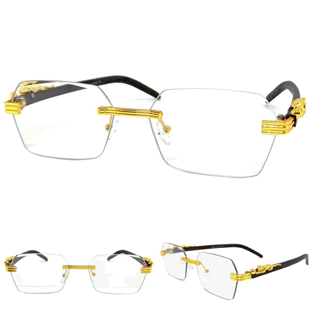 Classy Elegant Sophisticated Luxury Style Clear Lens EYEGLASSES Gold & Wooden Frame E0958