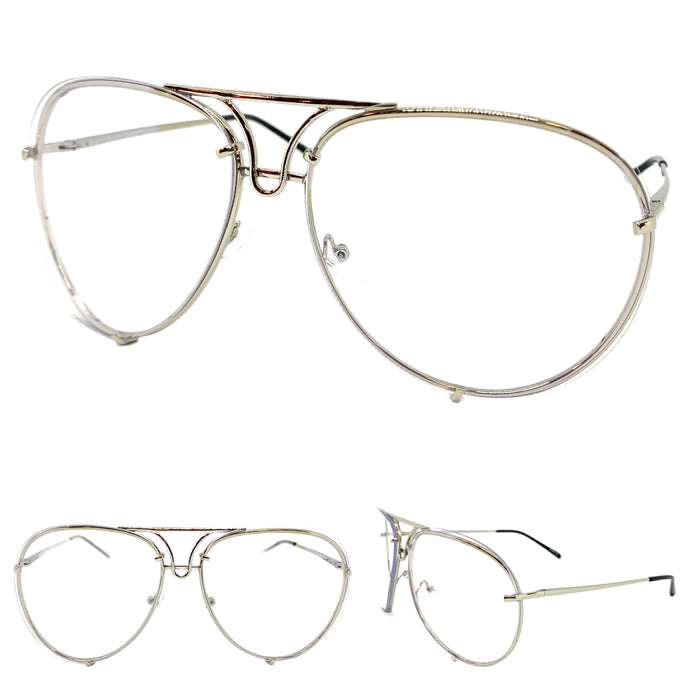 Oversized Vintage Retro Aviator Style Clear Lens EYEGLASSES Large Silver Frame 4355