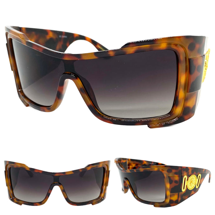 Oversized Classic Retro Wrap Shield Style SUNGLASSES Huge Super Thick Leopard Frame 80639