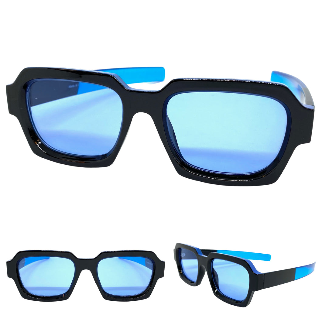 Classic Vintage Retro Style SUNGLASSES Square Black Frame - Blue Lens 1219